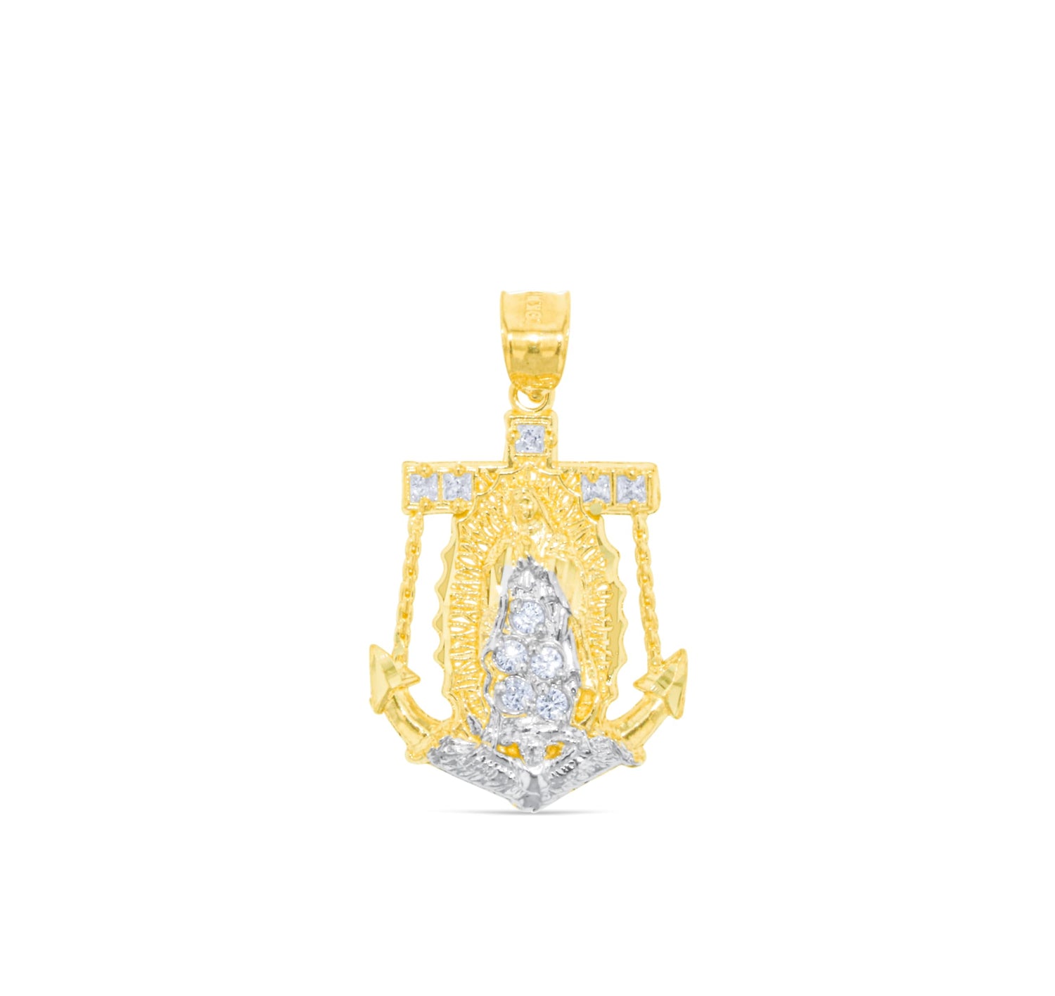 10k Yellow Gold Virgin Mary CZ Anchor Two-Tone Religious Pendant