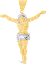 Load image into Gallery viewer, 10k Yellow Gold and White Gold Crucifix of Jesus Christ Pendant with Optional Adjustable Rope Chain Necklace
