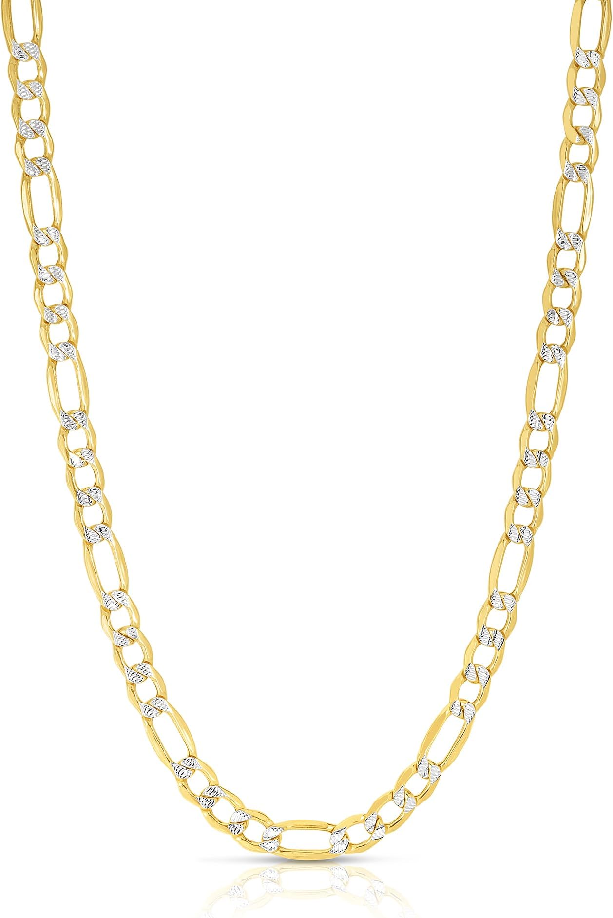 10k Two-Tone Gold 5.5mm Lite Pave Diamond Cut Figaro Chain Link Necklace