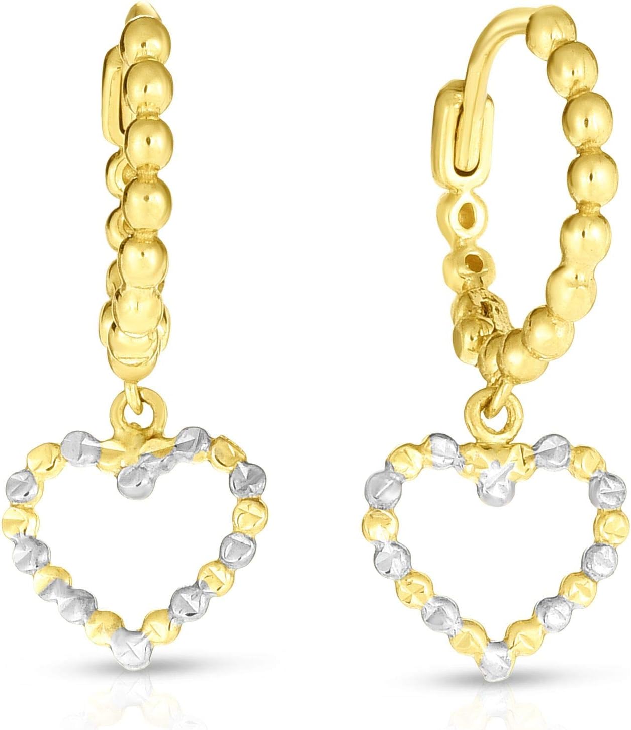 14k Yellow Gold and White Gold 23mm Beaded Dangle Heart Drop Earrings