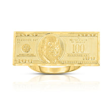 Load image into Gallery viewer, 10k Yellow Gold Hundred Dollar Bill Benjamin Franklin $100 Ring
