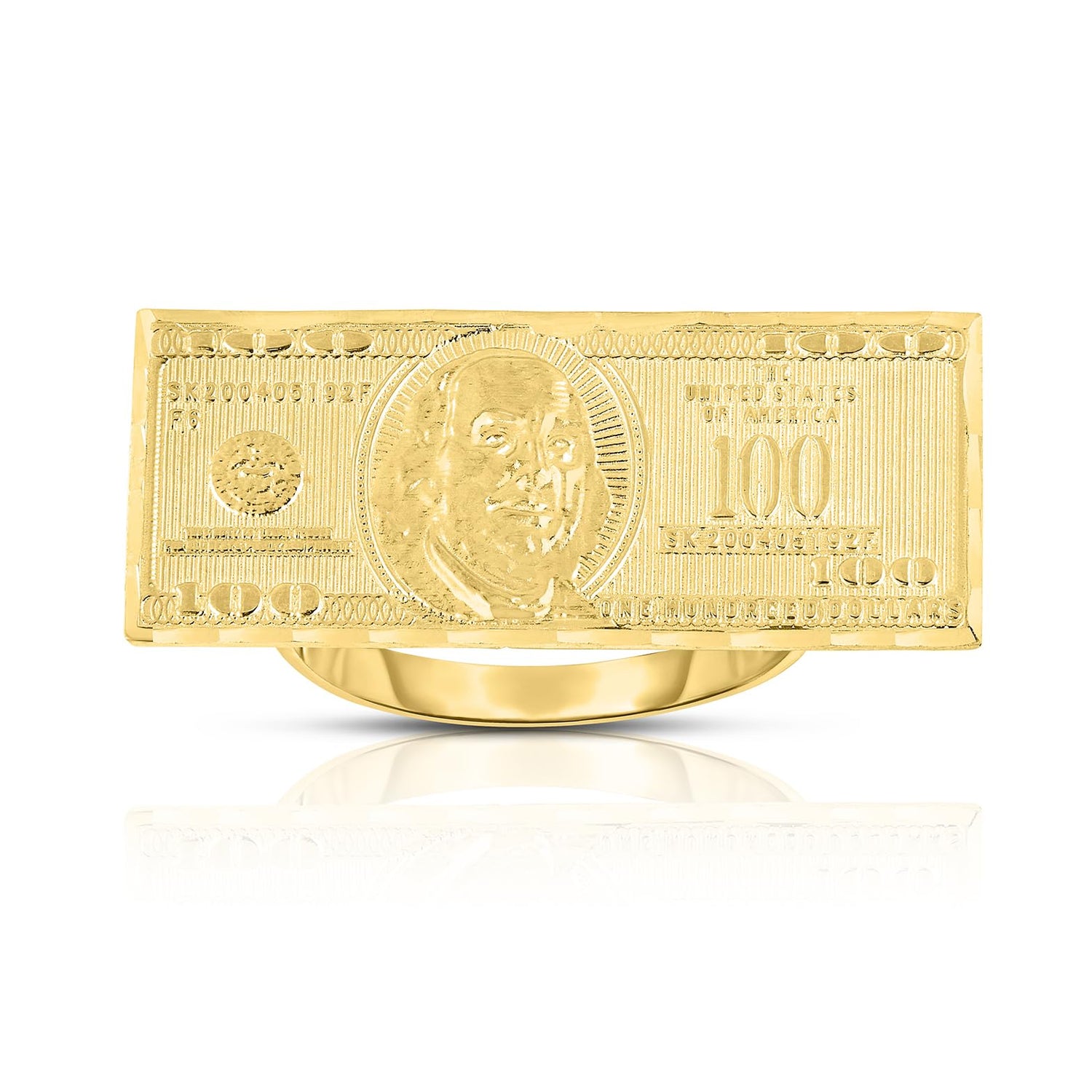 10k Yellow Gold Hundred Dollar Bill Benjamin Franklin $100 Ring