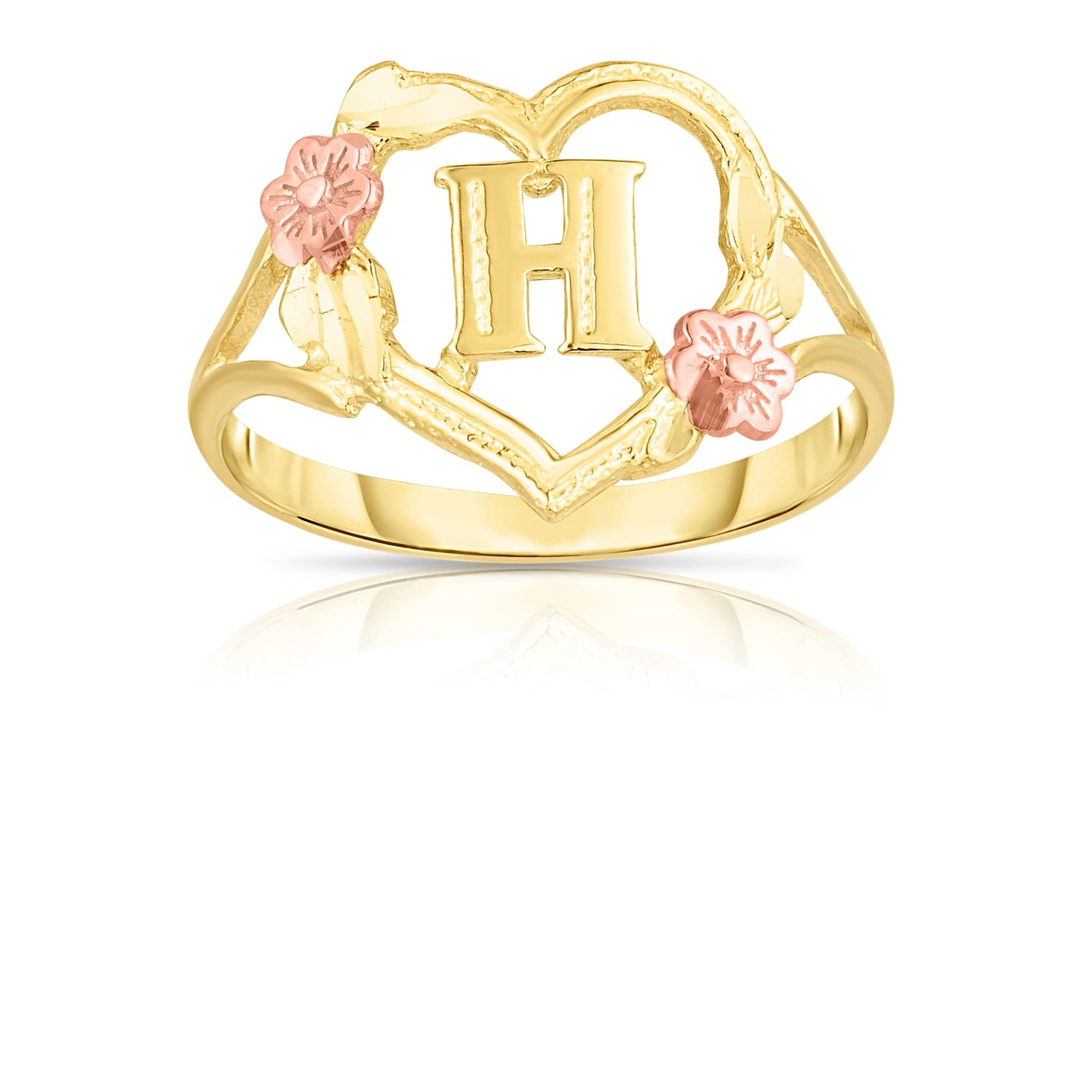 10k Yellow Gold A-Z Initial Ring with Heart and Rose Gold Flower Design, Sizes 4-16