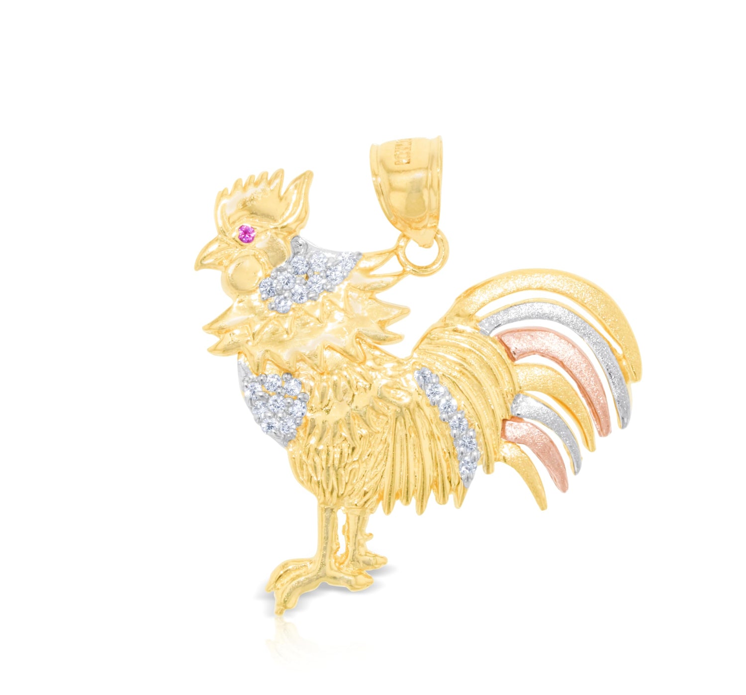 10k Yellow Gold Fighting Rooster Chicken Tri-Color Pendant