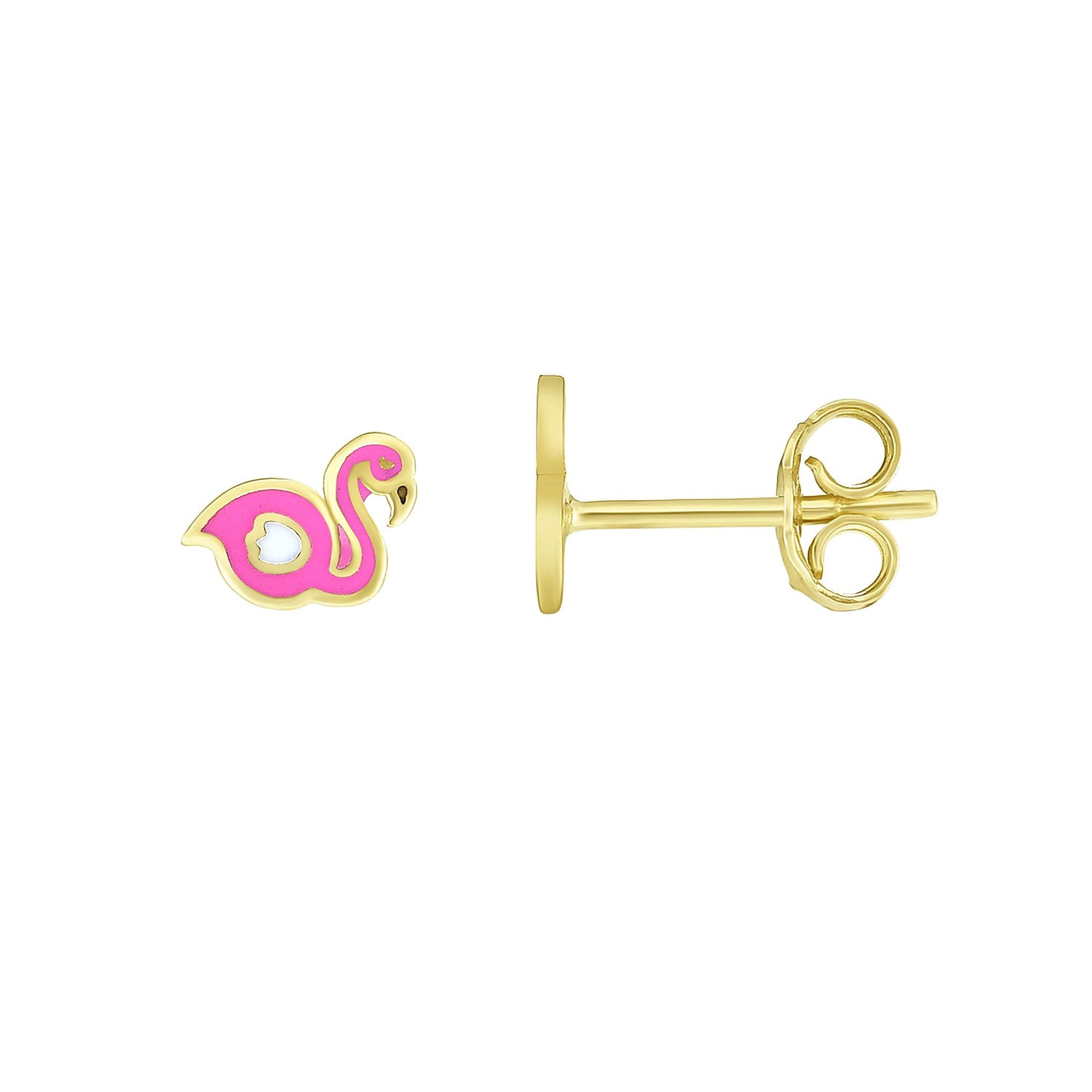 14k Yellow Gold 7mm High Polish Pink & White Polka Dot Flamingo Stud Earrings