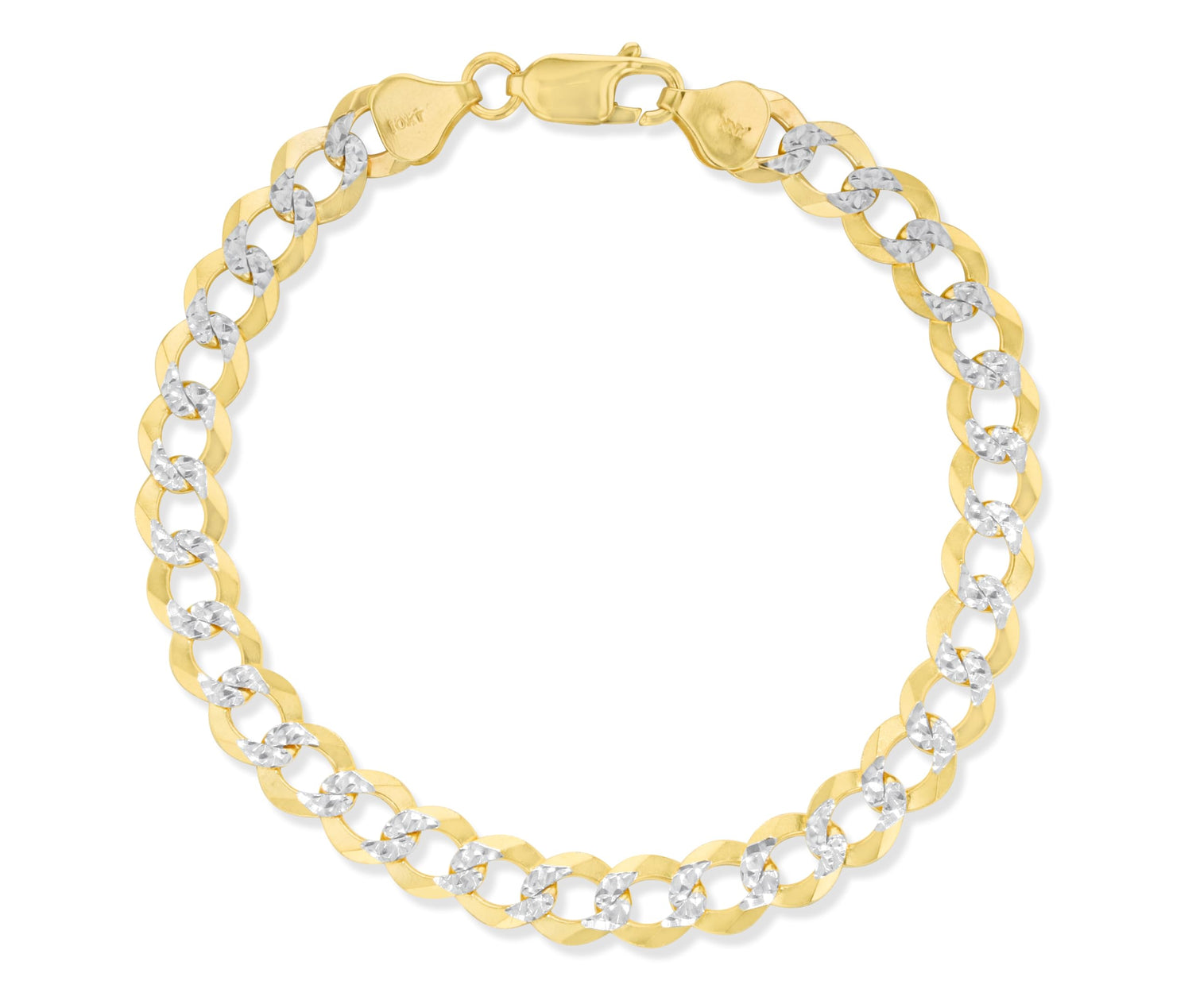 10k Yellow Gold and White Gold 7mm Solid Two-Tone Curb Cuban Chain Bracelet or Anklet