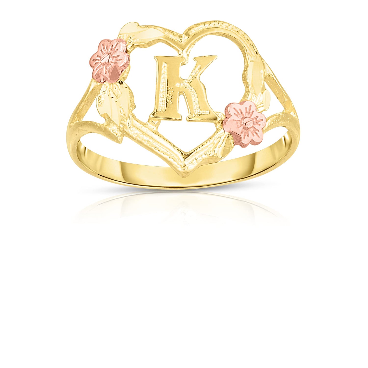 10k Yellow Gold A-Z Initial Ring with Heart and Rose Gold Flower Design, Sizes 4-19