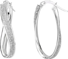 Load image into Gallery viewer, 14k White Gold Twisted Oval Glitter Hoop Earrings
