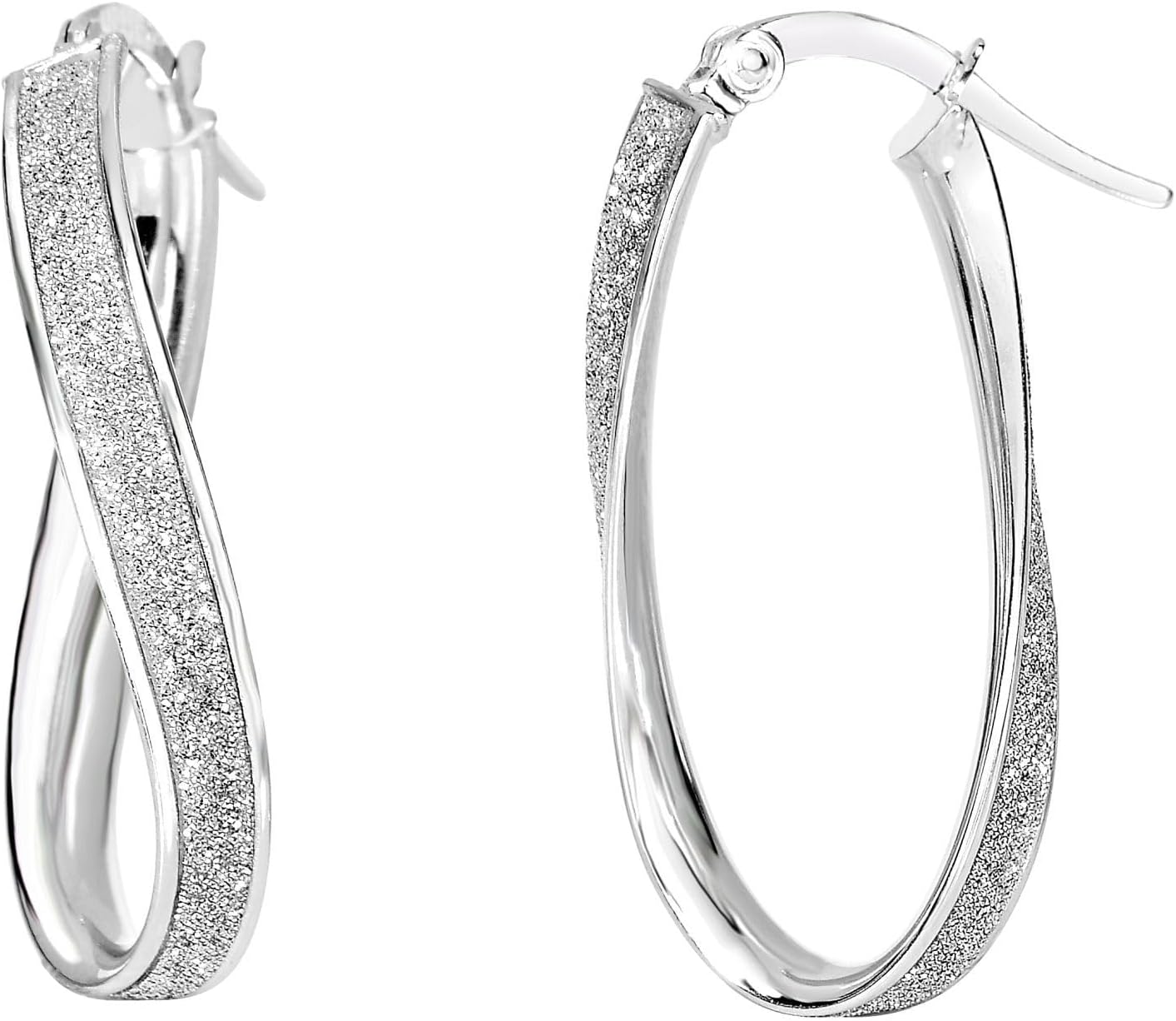 14k White Gold Twisted Oval Glitter Hoop Earrings