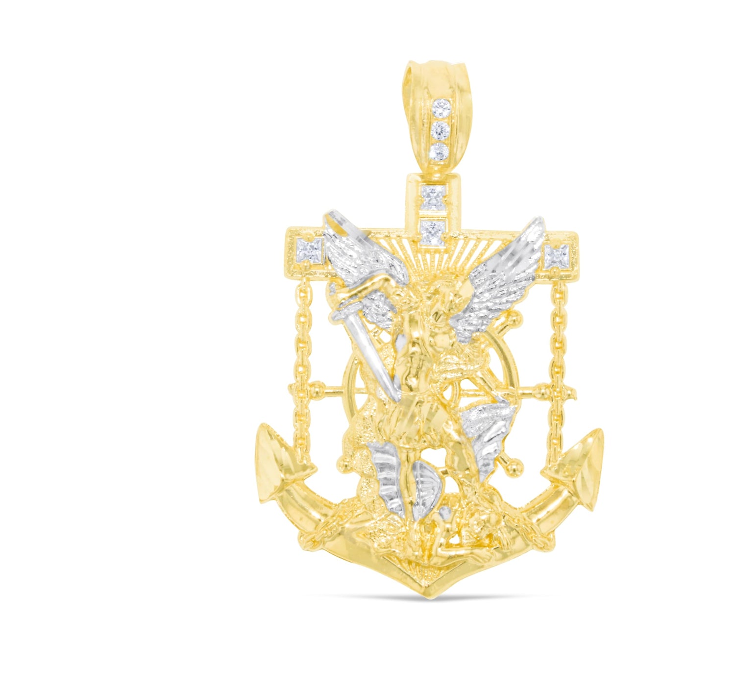 10k Yellow Gold Fighting Saint Michael CZ Anchor Two-Tone Religious Pendant