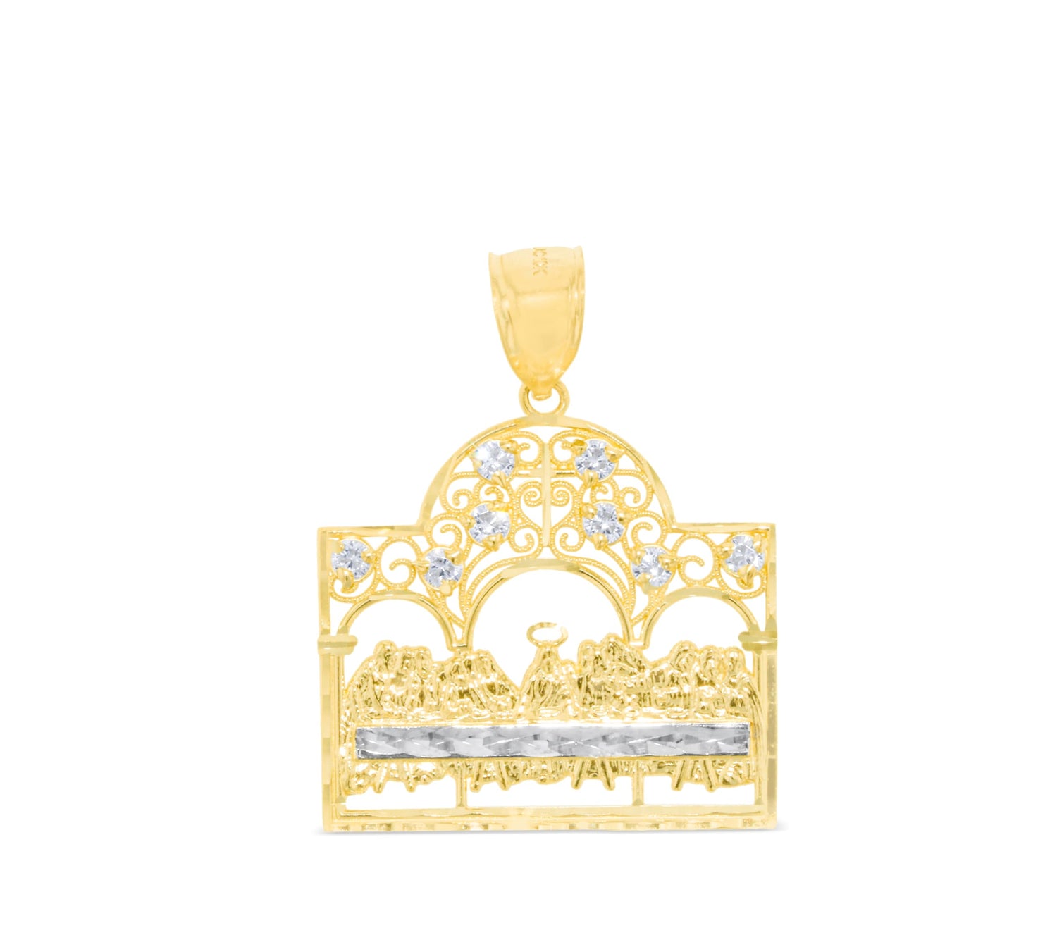 10k Yellow Gold Diamond Cut Last Supper CZ Religious Pendant