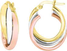 Load image into Gallery viewer, 14k Yellow Gold and White Gold and Rose Gold 23mm Polished Triple Row Hoop Earrings
