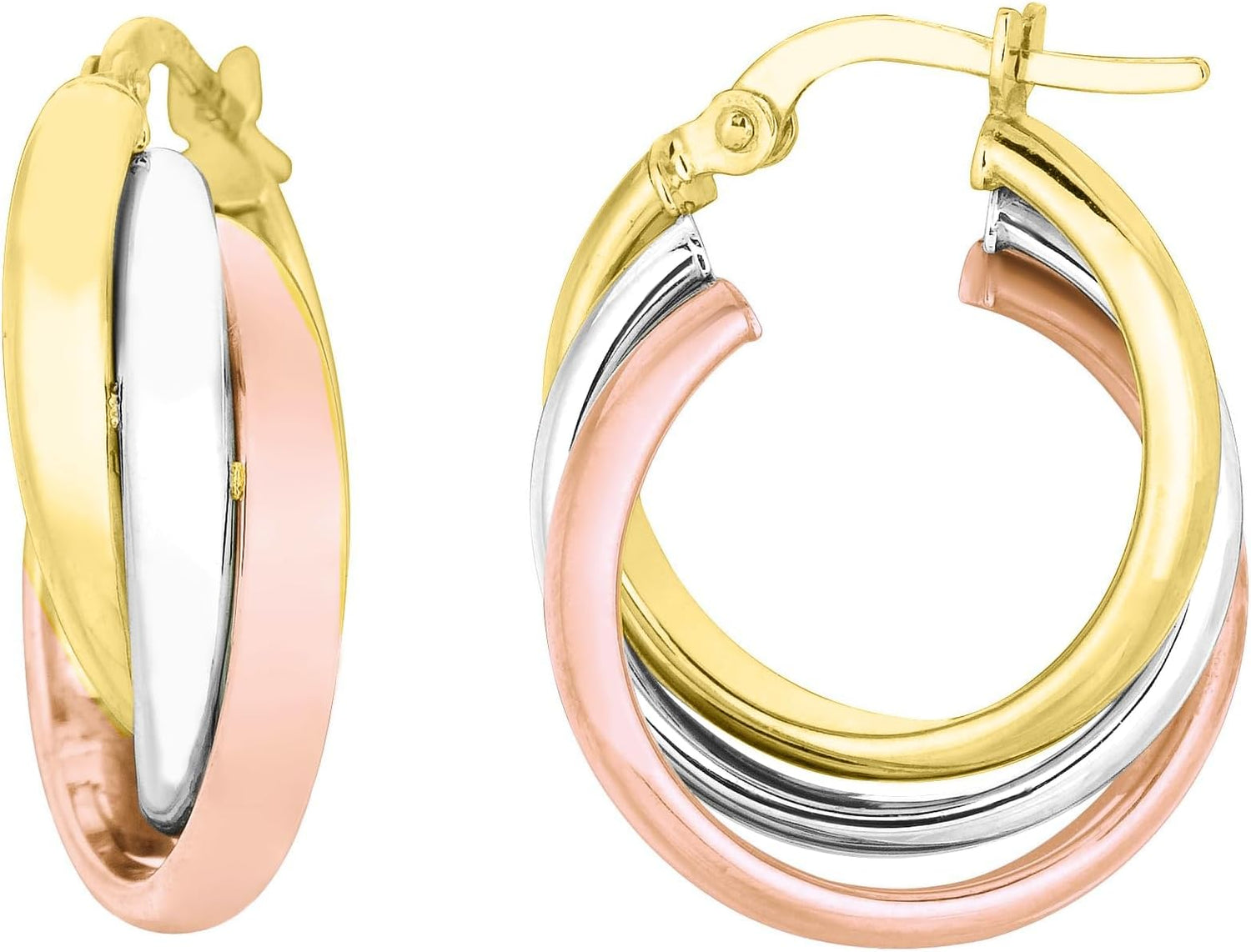 14k Yellow Gold and White Gold and Rose Gold 23mm Polished Triple Row Hoop Earrings