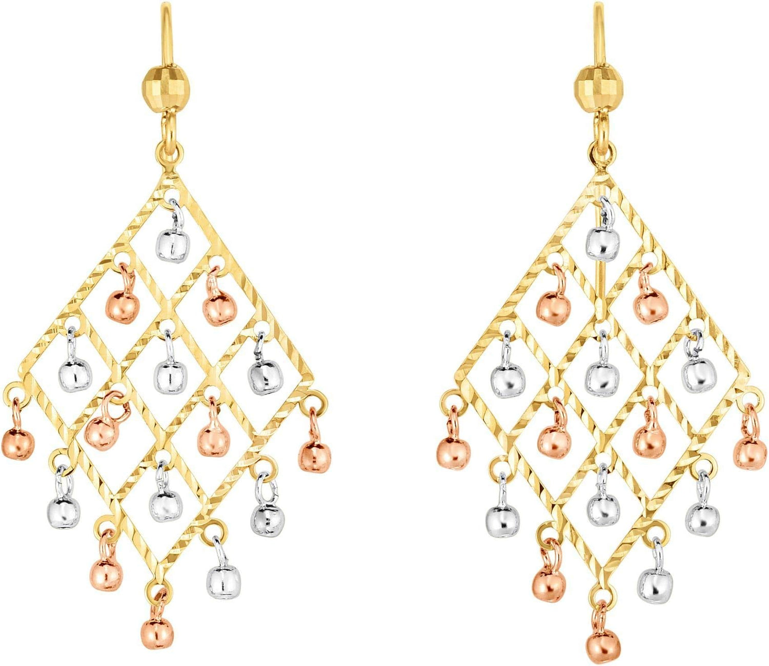 14k Yellow Gold and White Gold and Rose Gold 40mm Gold Bead Chandelier Earrings