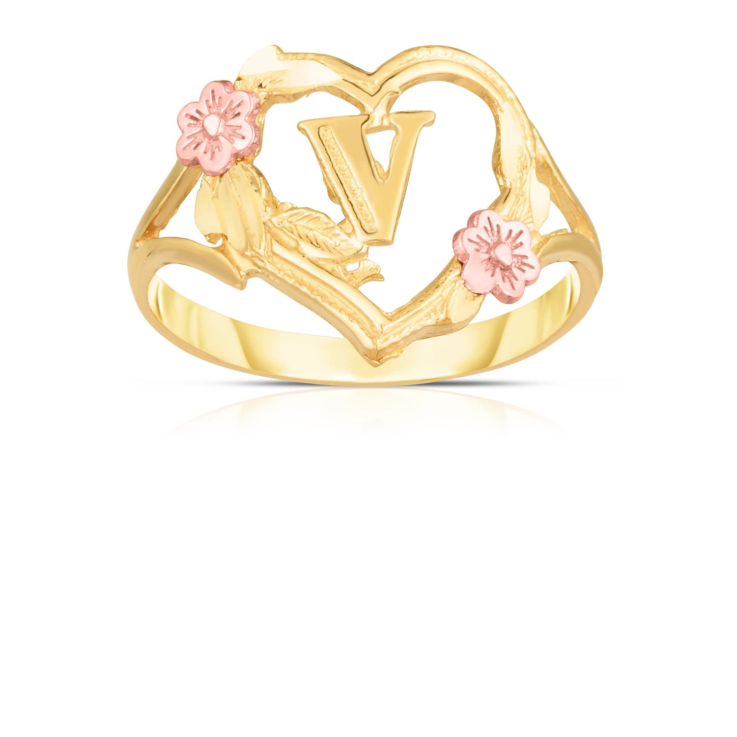 10k Yellow Gold A-Z Initial Ring with Heart and Rose Gold Flower Design, Sizes 4-30