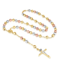 Load image into Gallery viewer, 10k Yellow Gold or Tri Color Gold 6mm Rosary with Virgin Mary Medal and Crucifix of Jesus Cross Pendant Chain Necklace
