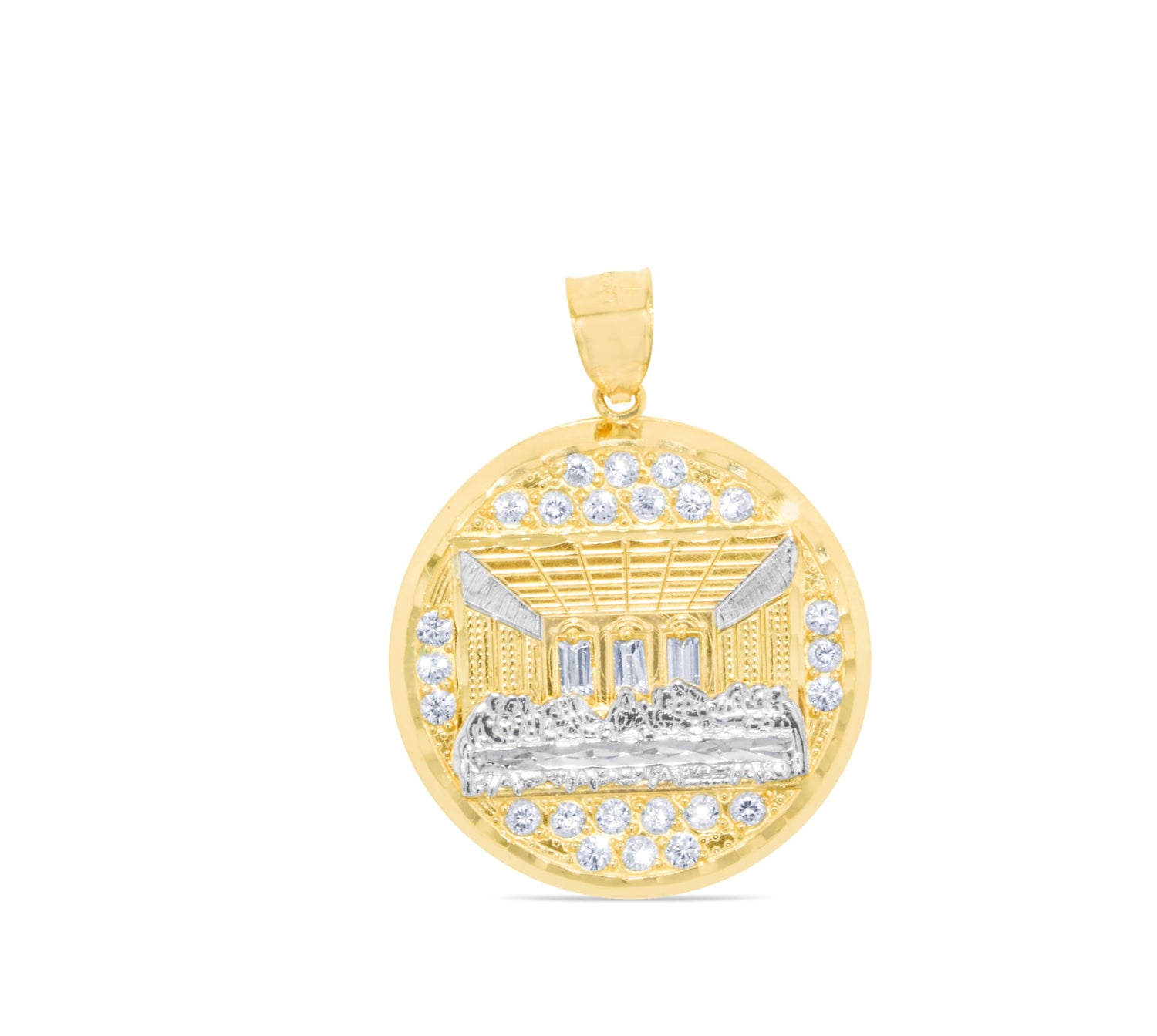 10k Yellow Gold Round Last Supper CZ Charm Religious Pendant