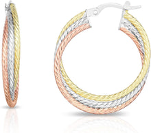 Load image into Gallery viewer, 14k Yellow Gold and White Gold and Rose Gold 26mm Twist Hoop Earrings
