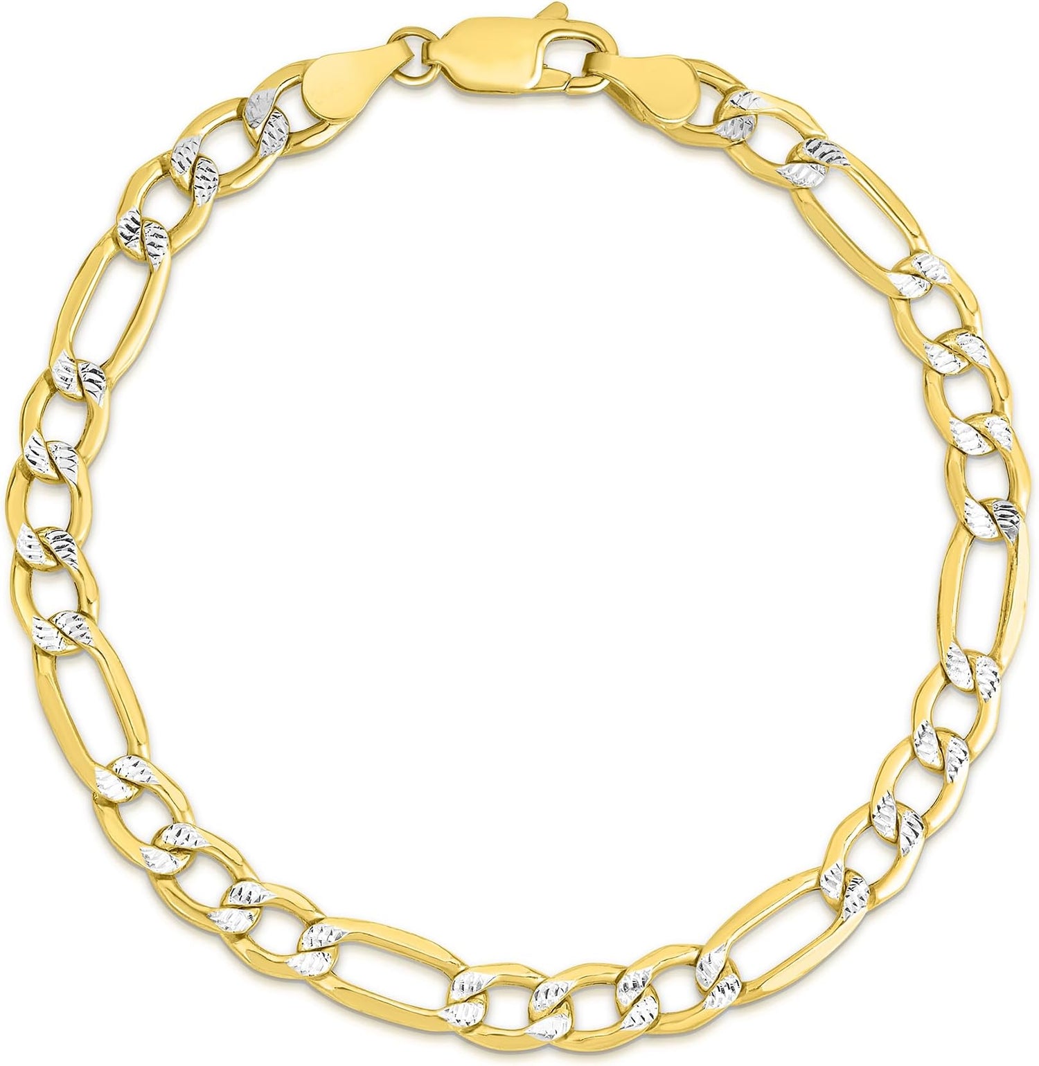 10k Two-Tone Gold 6.5mm Lite Pave Diamond Cut Figaro Chain Link Bracelet or Anklet
