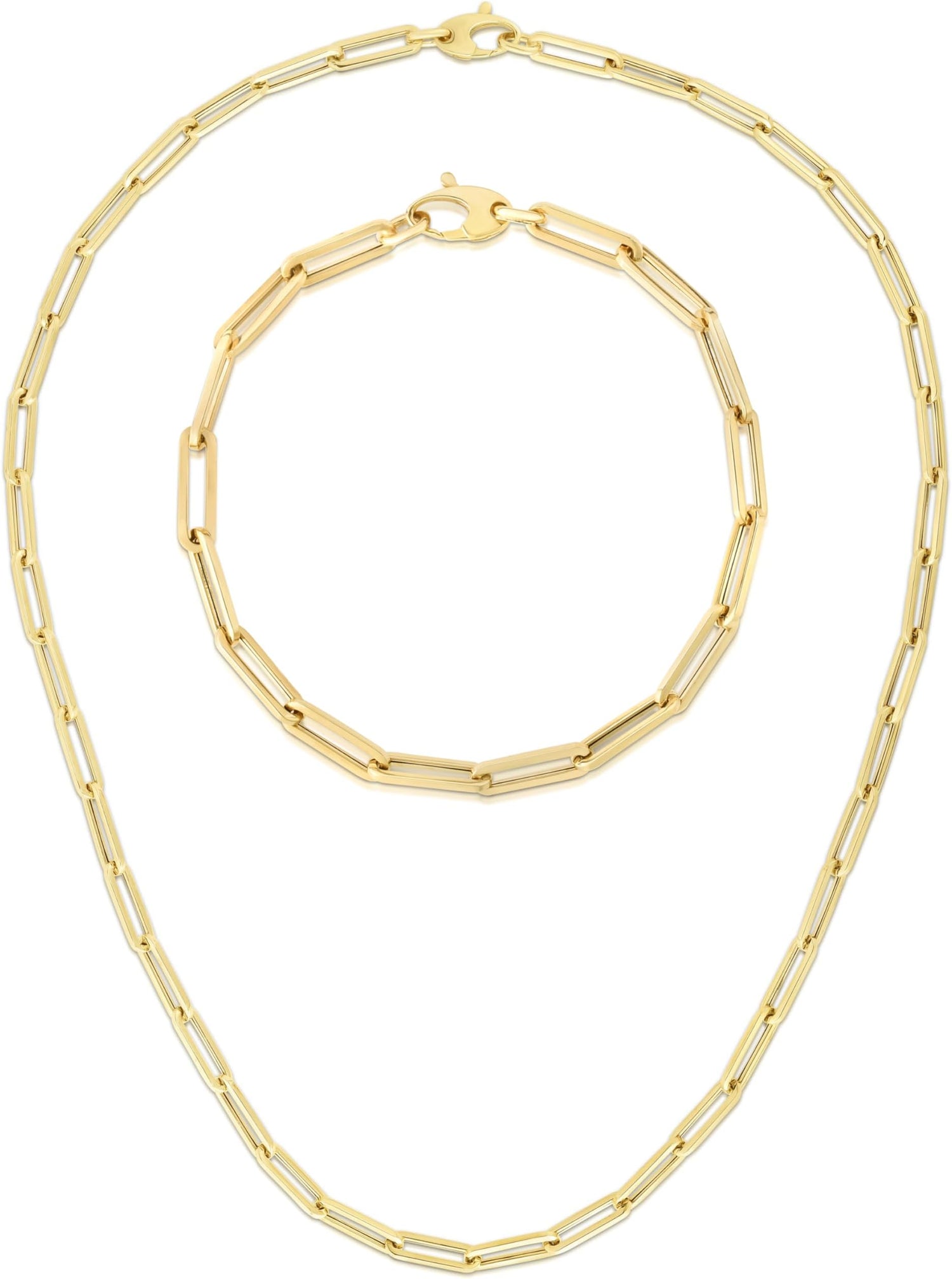 14k Yellow Gold 4.2mm Hollow Paperclip Link Chain Necklace and Bracelet Set