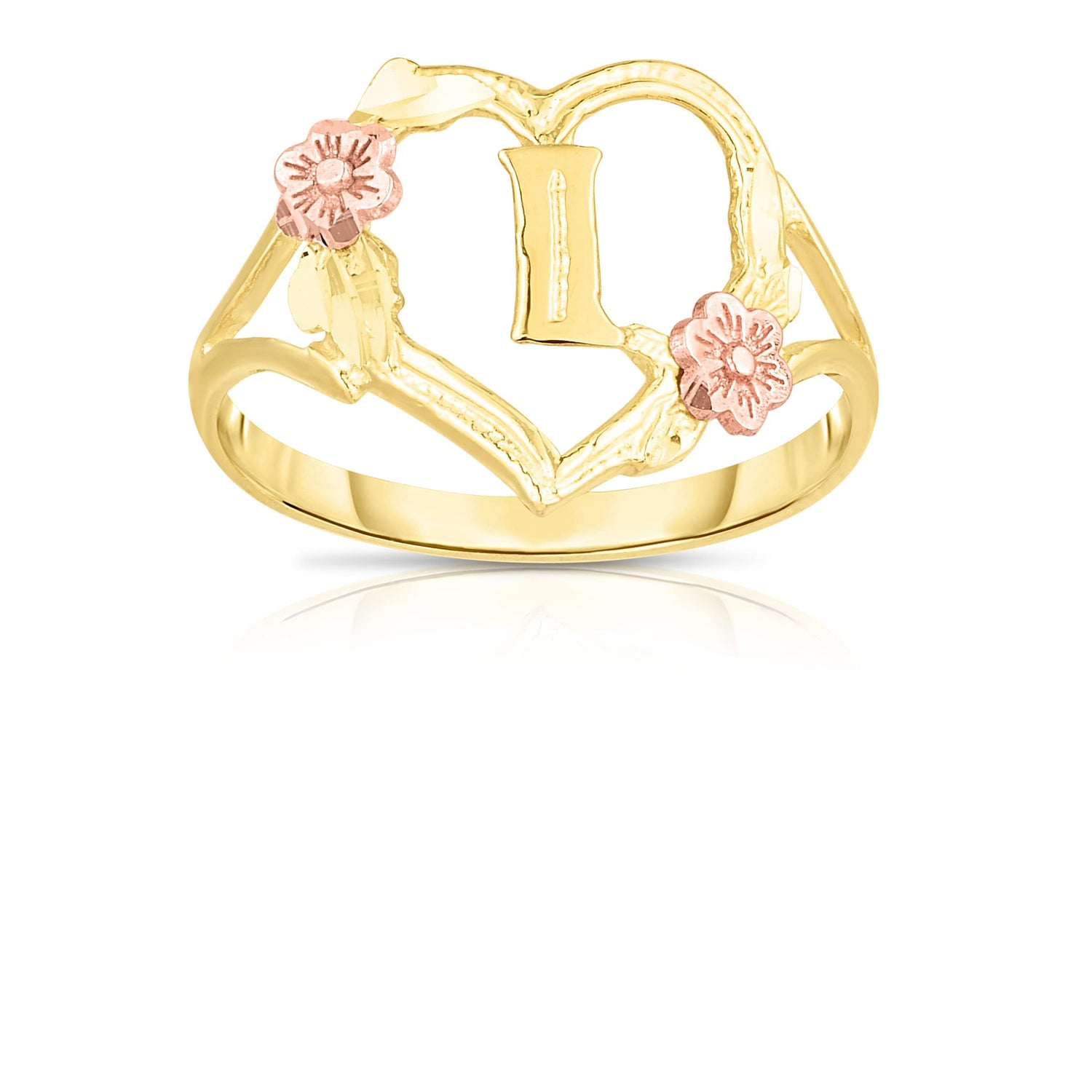 10k Yellow Gold A-Z Initial Ring with Heart and Rose Gold Flower Design, Sizes 4-17