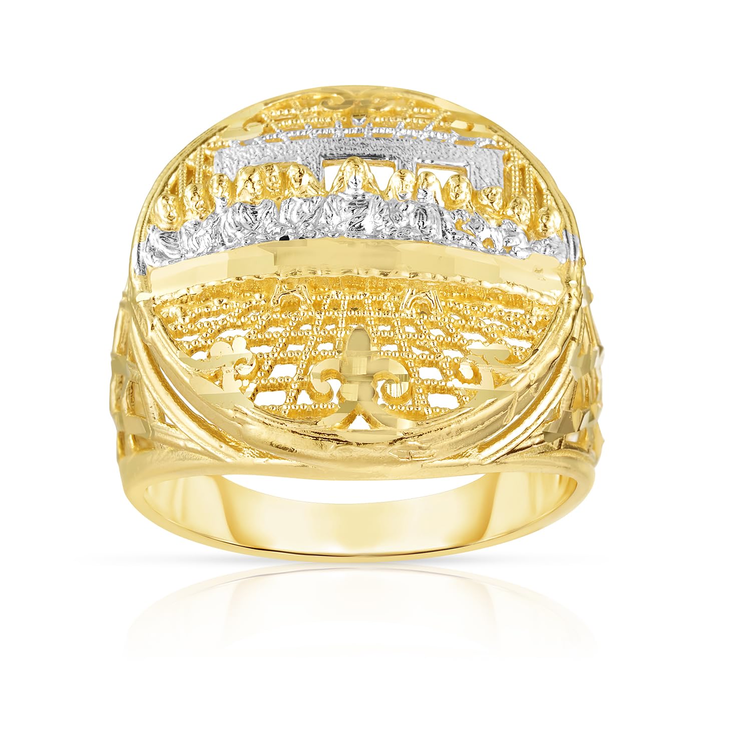 10k Yellow Gold and White Gold Round Last Supper Textured Ring