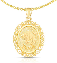 Load image into Gallery viewer, 10k Yellow Gold Round Horoscope Zodiac Sign Pendant with Optional Cable Chain Necklace
