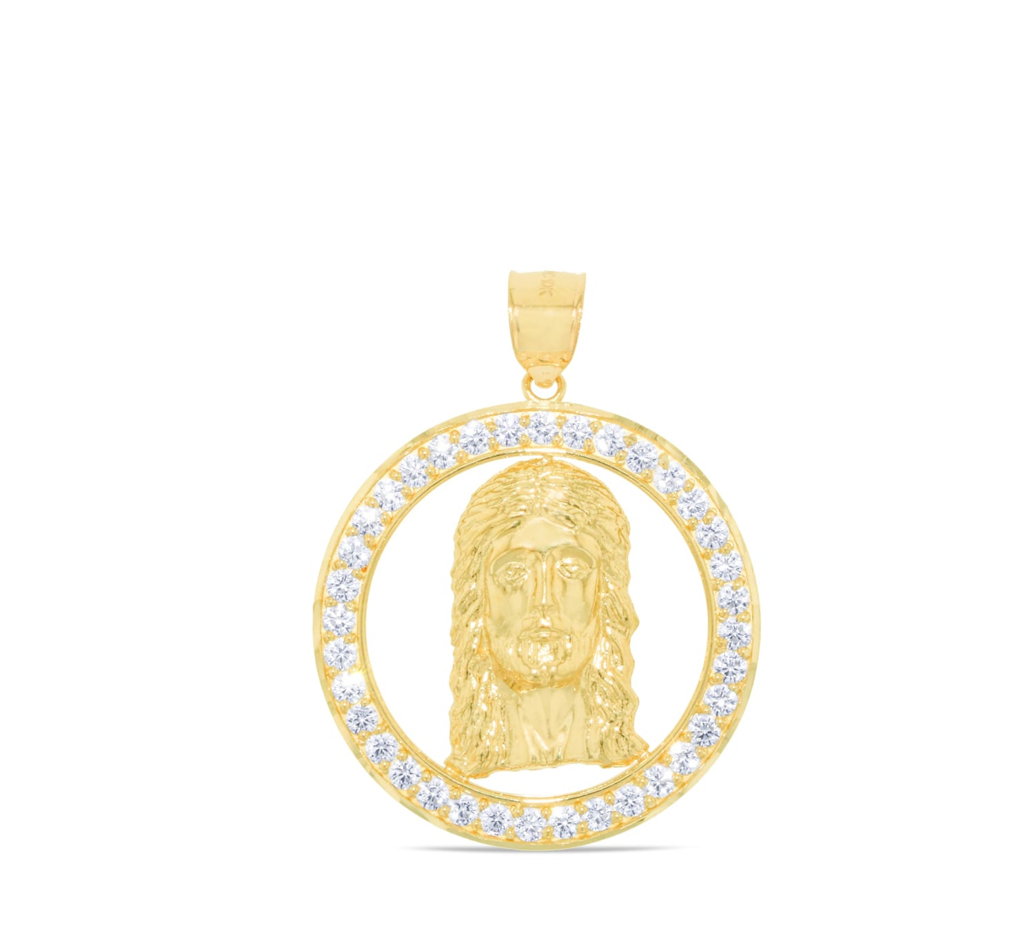 10k Yellow Gold Face of Jesus Christ Round CZ Religious Pendant