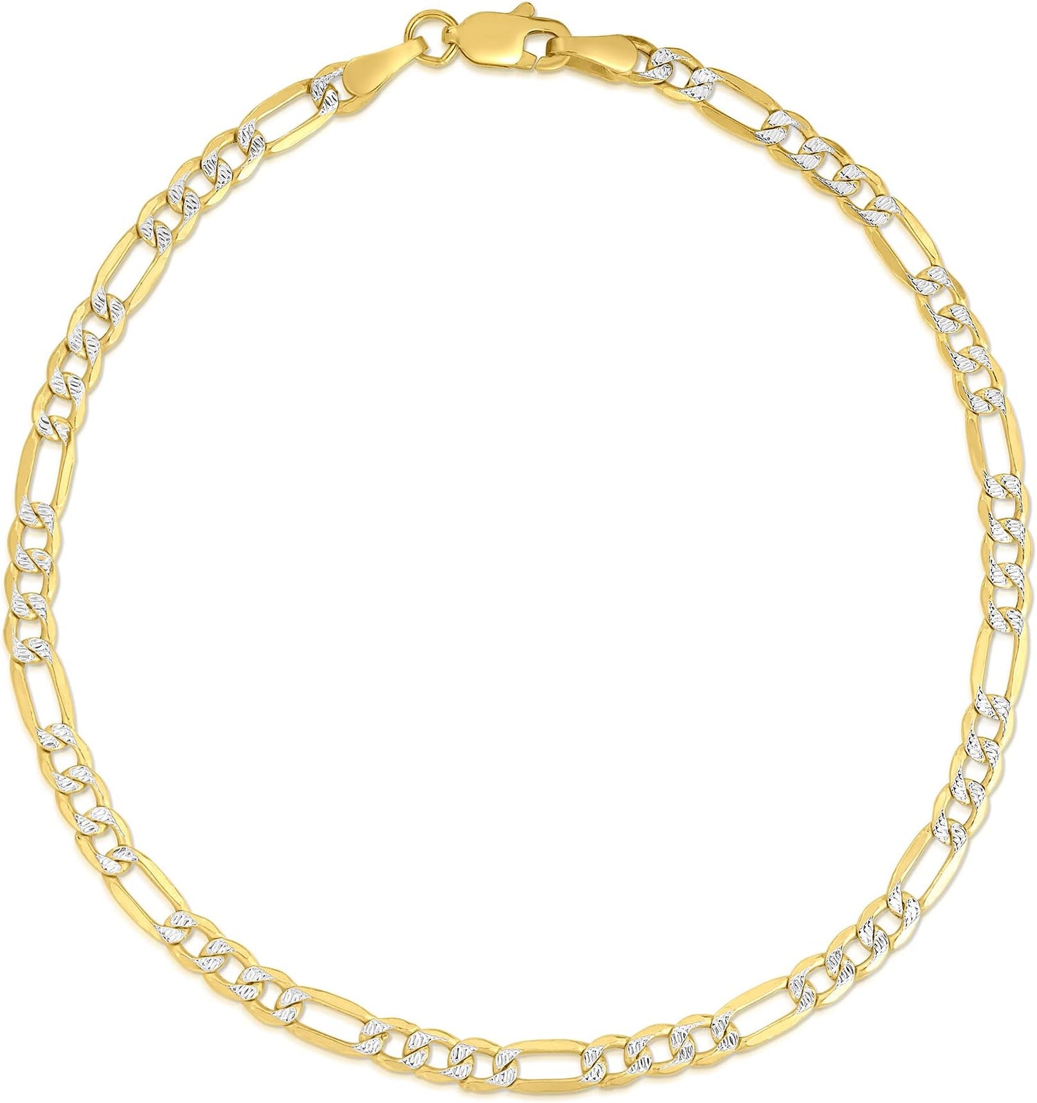 10k Two-Tone Gold 3.5mm Lite Pave Diamond Cut Figaro Chain Link Bracelet or Anklet
