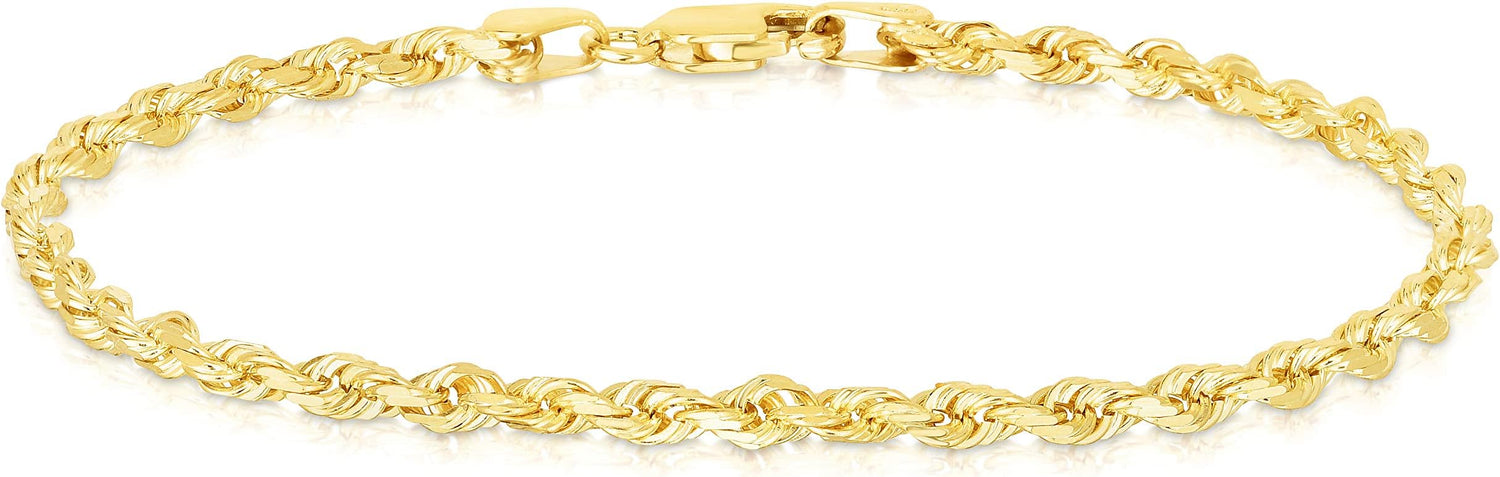 10k Yellow Gold or White Gold or Rose Gold 2.5mm Solid Rope Chain Diamond Cut Bracelet or Anklet