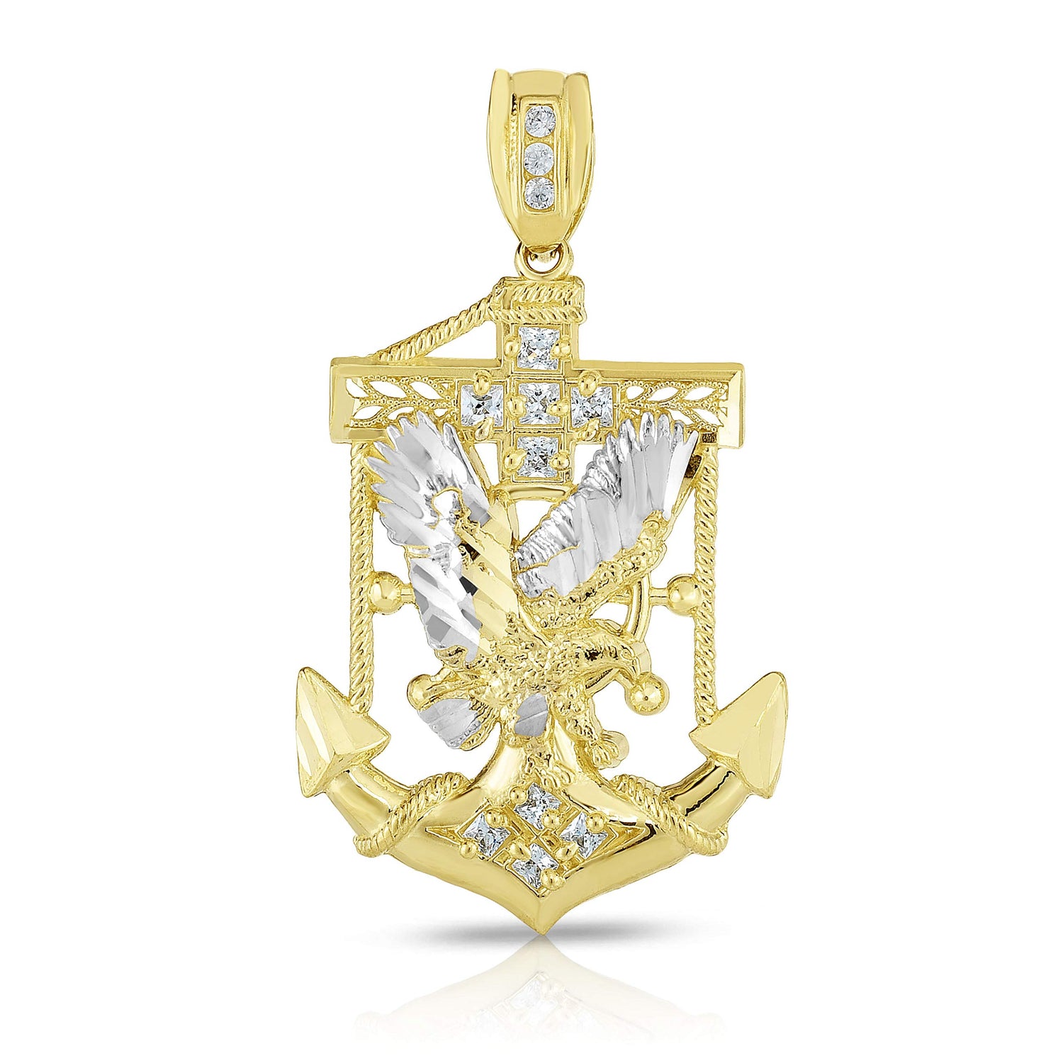 10k Yellow Gold Eagle Anchor CZ Two-Tone Religious Pendant