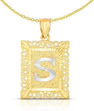 Load image into Gallery viewer, 10k Yellow and White Gold A-Z Initial Square (21 x 12 mm) Pendant with Optional Necklace, Small
