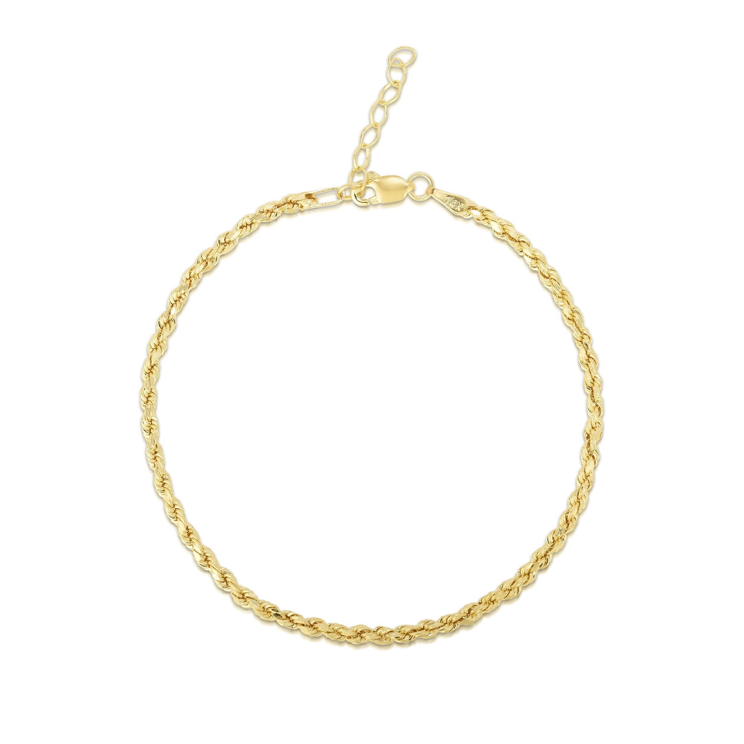 14k Yellow Gold Diamond Cut Hollow Rope Bracelet, Extendable 7 to 8 inch, 2.5mm