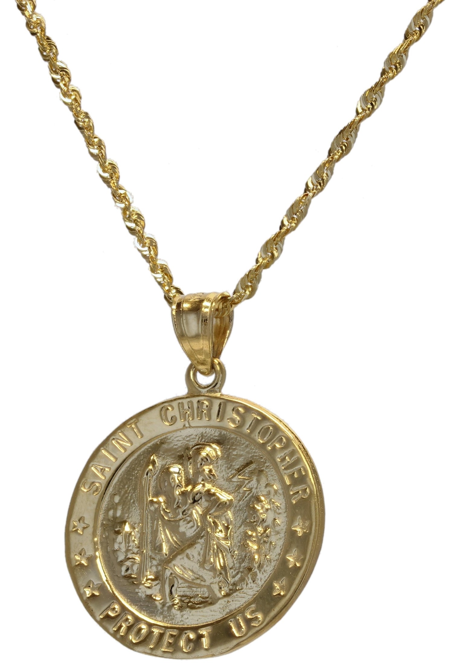 10k Yellow Gold Christian Saint Christopher Protect Us Round Pendant Necklace